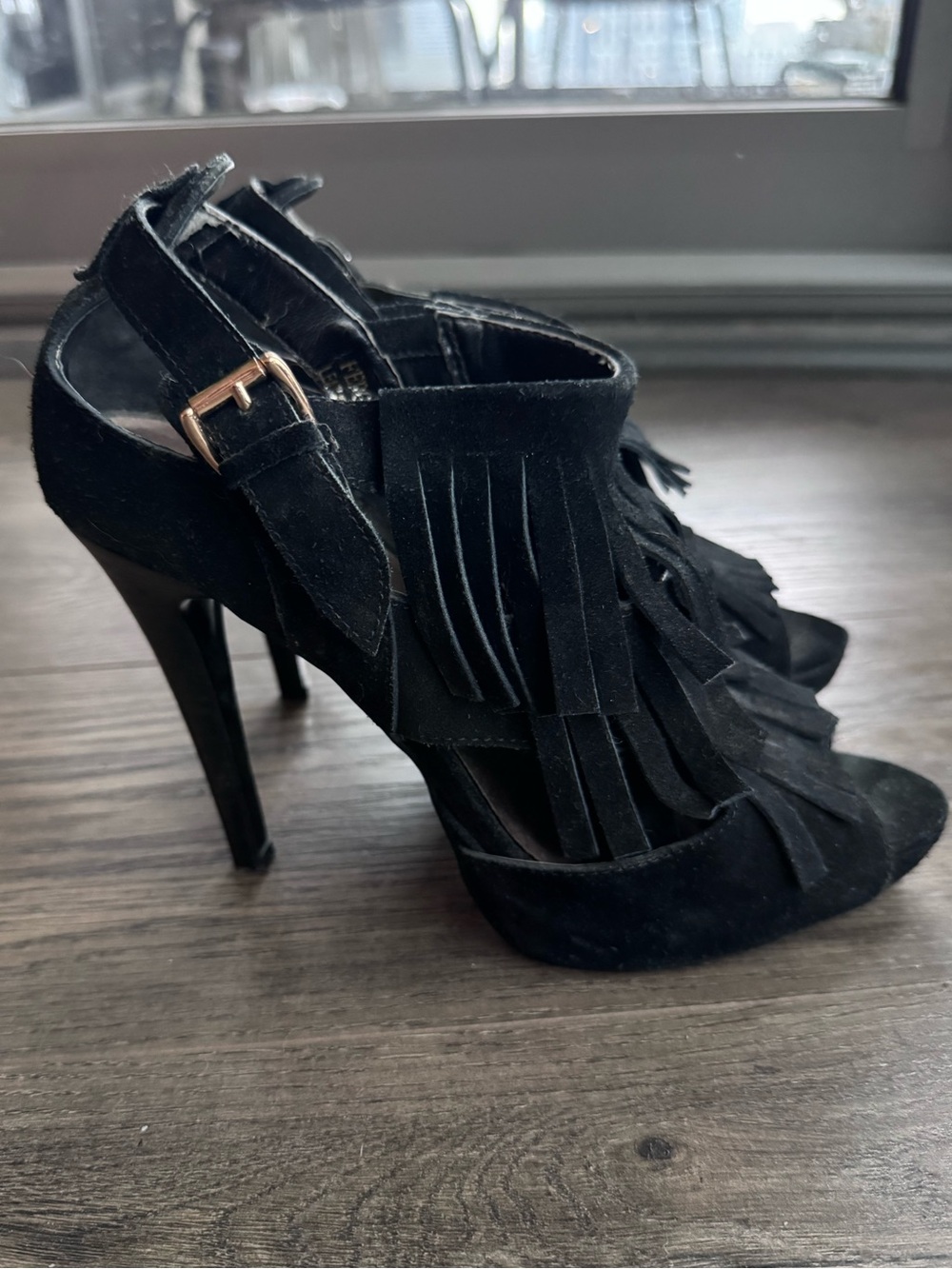 N.Y.L.A. Black Suede Fringe Peep-Toe Stiletto Sandals